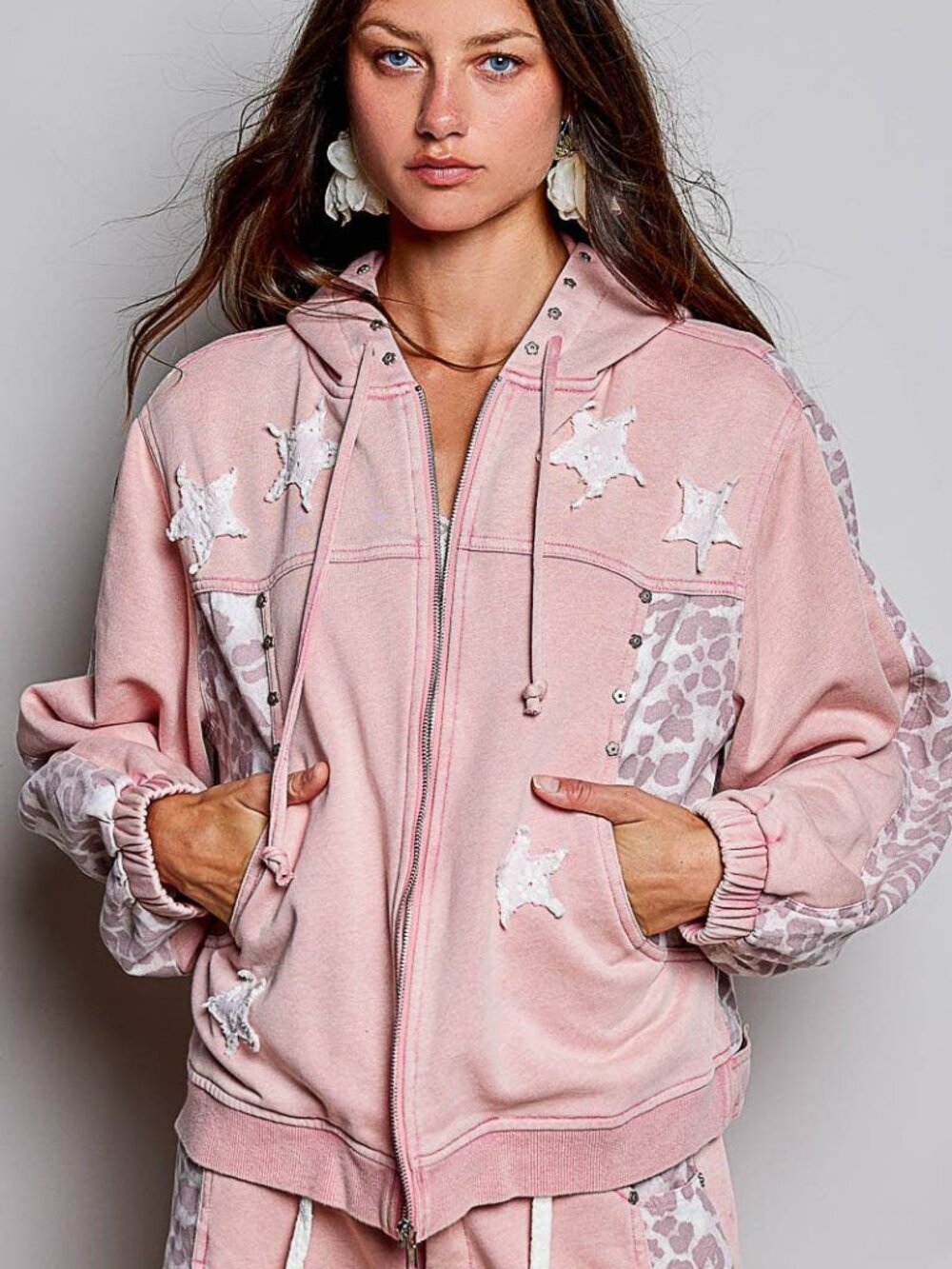 NWT Vintage Washed French Terry Hoodie Star Patch Floral Rivet Zipper Jacket